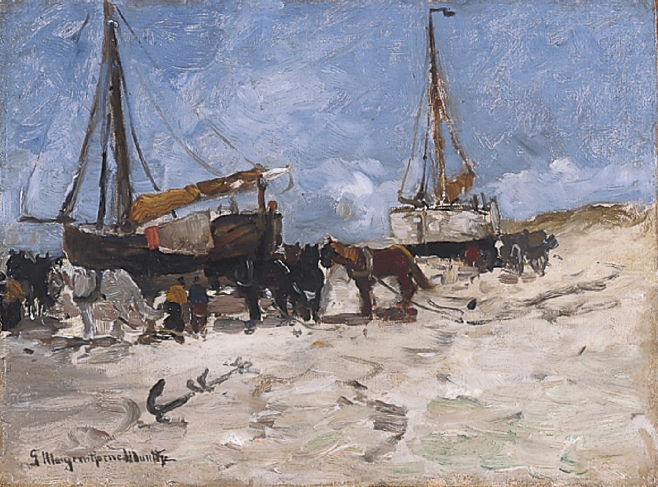 Munthe G.A.L.  | Gerhard Arij Ludwig 'Morgenstjerne' Munthe, Bommen en paarden op het strand, olieverf op doek op paneel 40,2 x 54,1 cm, gesigneerd linksonder