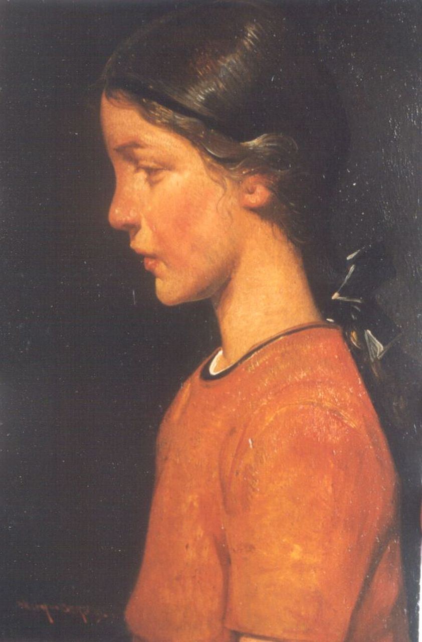 Berg W.H. van den | 'Willem' Hendrik van den Berg, Portret van een meisje en profil, olieverf op paneel 19,0 x 12,6 cm, gesigneerd linksonder en gedateerd 1929