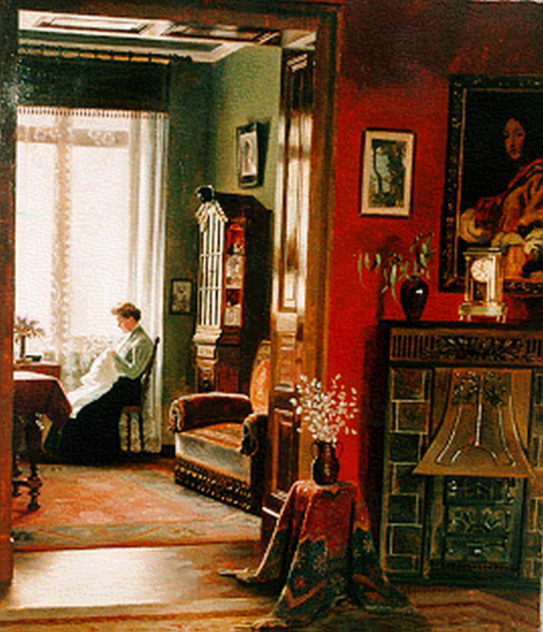 Murdfield C.  | Carl Murdfield, Bordurende vrouw in interieur, olieverf op doek 72,0 x 62,5 cm, gesigneerd rechtsonder