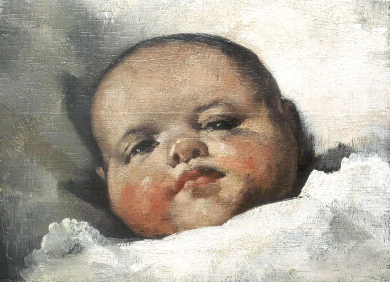 Berg W.H. van den | 'Willem' Hendrik van den Berg, Babyportretje, olieverf op paneel 12,7 x 16,9 cm, gesigneerd rechtsonder resten van signatuur