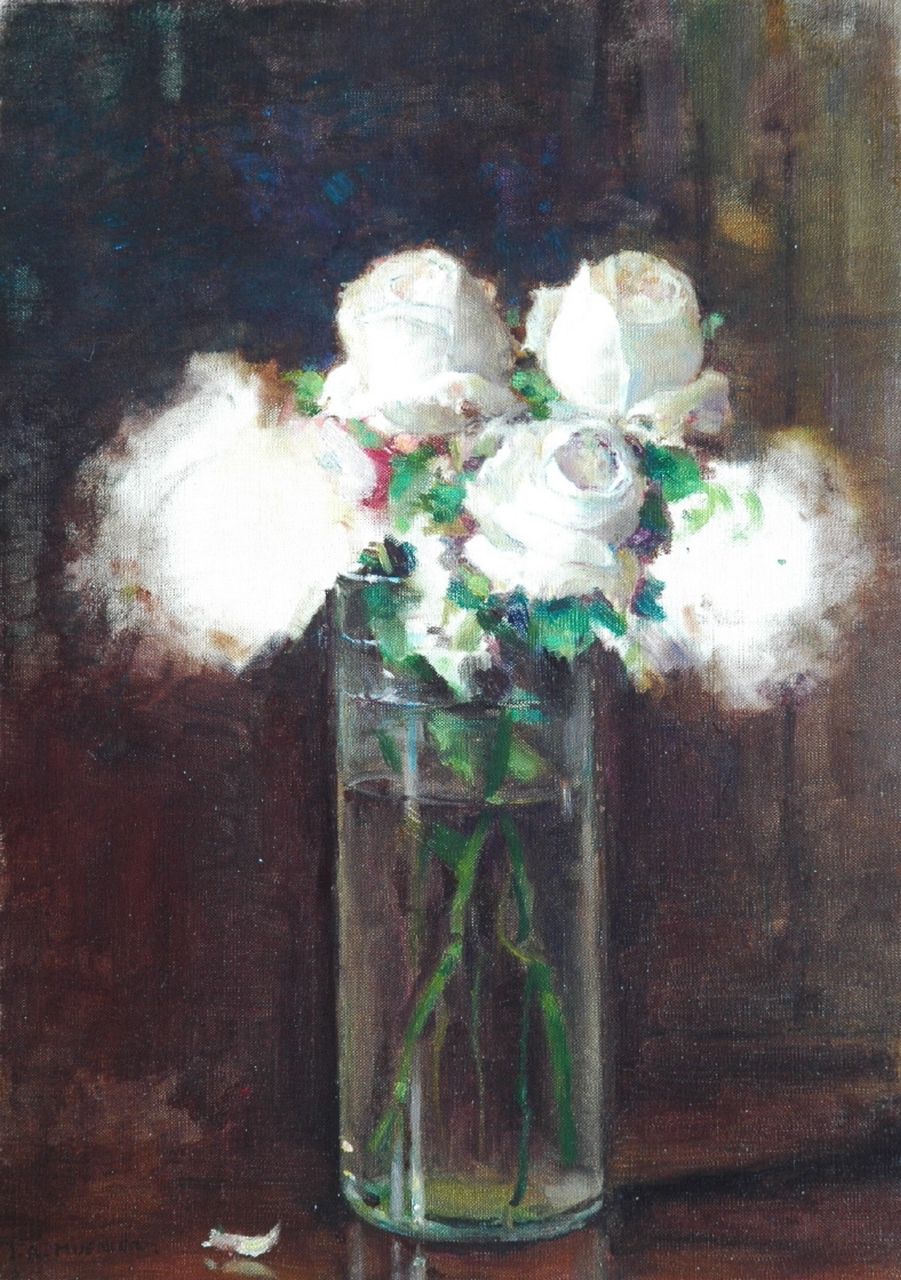 Muenier J.A.  | Jules Alexis Muenier, Witte rozen in glazen vaas, olieverf op doek 46,2 x 33,2 cm, gesigneerd linksonder
