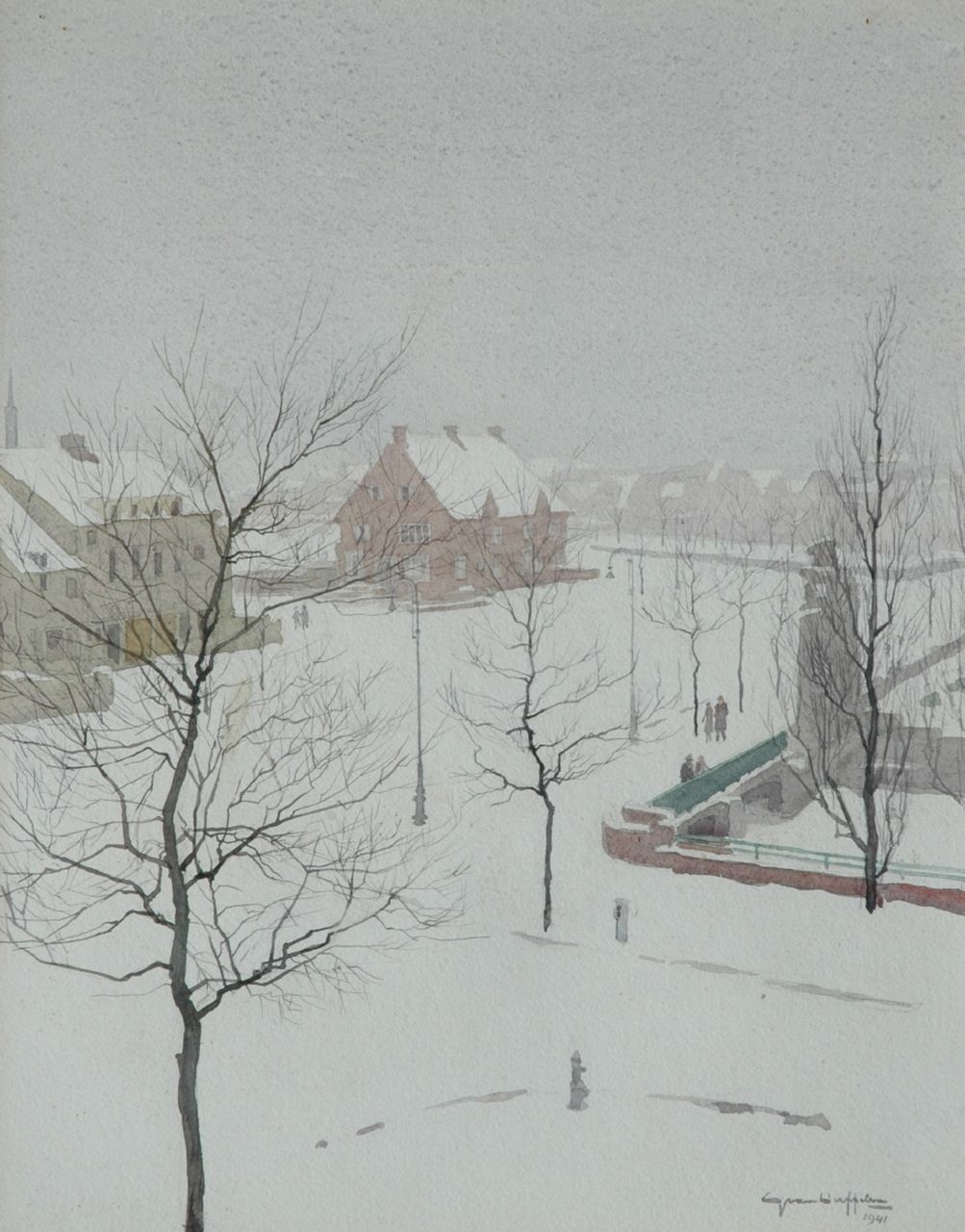 Duffelen G. van | Gerrit van Duffelen, Sneeuw in Amsterdam Zuid, Muzenplein, aquarel op papier 46,5 x 37,7 cm, gesigneerd rechtsonder en gedateerd 1941