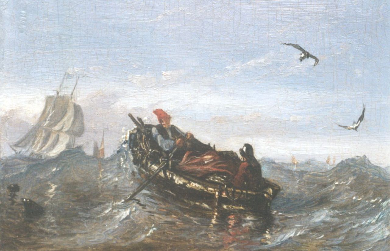 Beest A. van | Albertus van Beest, Roeiboot op woelige zee, olieverf op paneel 9,2 x 13,4 cm