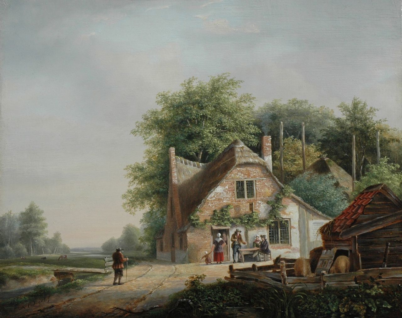 Nicolaar Cornelis Vogel | Reizigers en landvolk bij een herberg, olieverf op paneel, 30,0 x 38,0 cm, gesigneerd l.o.