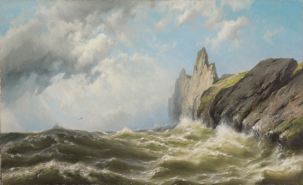 Koekkoek J.H.B.  | Johannes Hermanus Barend 'Jan H.B.' Koekkoek, Onstuimige zee voor rotskust van het eiland Wight, olieverf op doek 81,3 x 131,7 cm, gesigneerd rechtsonder