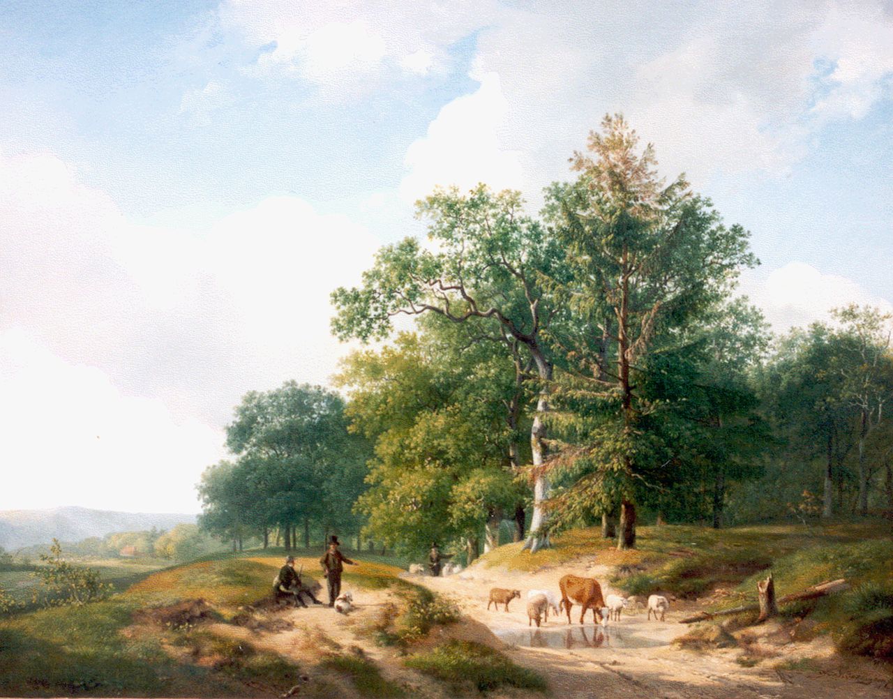 Sande Bakhuyzen H. van de | Hendrikus van de Sande Bakhuyzen, Rustende jagers en boer met vee bij de bosrand, olieverf op paneel 51,4 x 62,2 cm, gesigneerd rechtsonder en gedateerd 1825