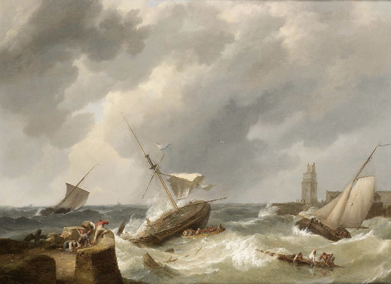 Koekkoek J.H.  | Johannes Hermanus Koekkoek, Schipbreuk in het zicht van de haven, olieverf op doek op paneel 63,5 x 85,0 cm, gesigneerd linksonder en gedateerd 1838