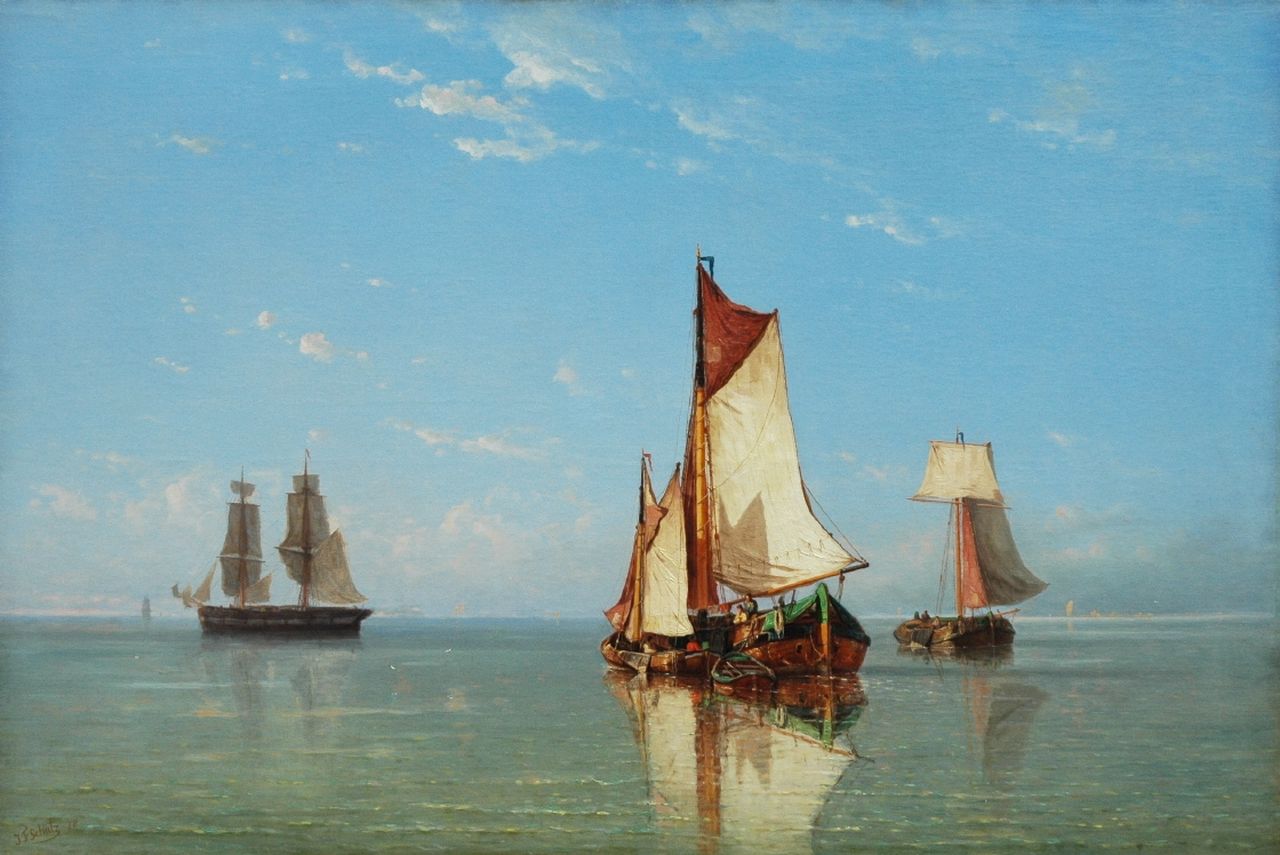 Schütz J.F. | Jan Frederik Schütz, Schepen op kalme zee, olieverf op doek 70,1 x 104,9 cm, gesigneerd linksonder en gedateerd '78 Schütz J.F. | Jan Frederik Schütz, Schepen op kalme zee, olieverf op doek 70,1 x 104,9 cm, gesigneerd linksonder en gedateerd '78