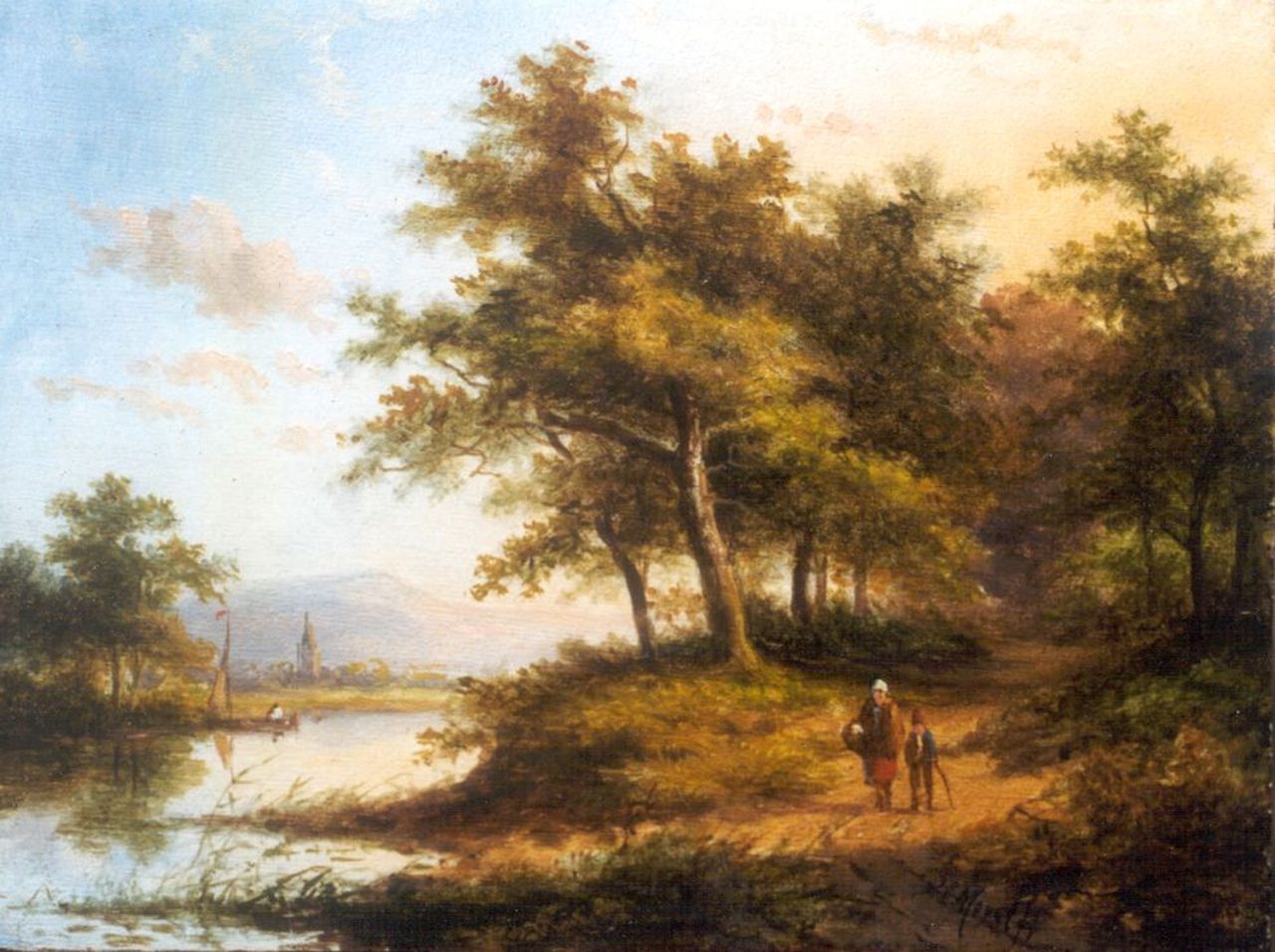 Morel II J.E.  | Jan Evert Morel II, Bosgezicht met rivier en wandelaars, olieverf op paneel 15,6 x 20,7 cm, gesigneerd rechtsonder