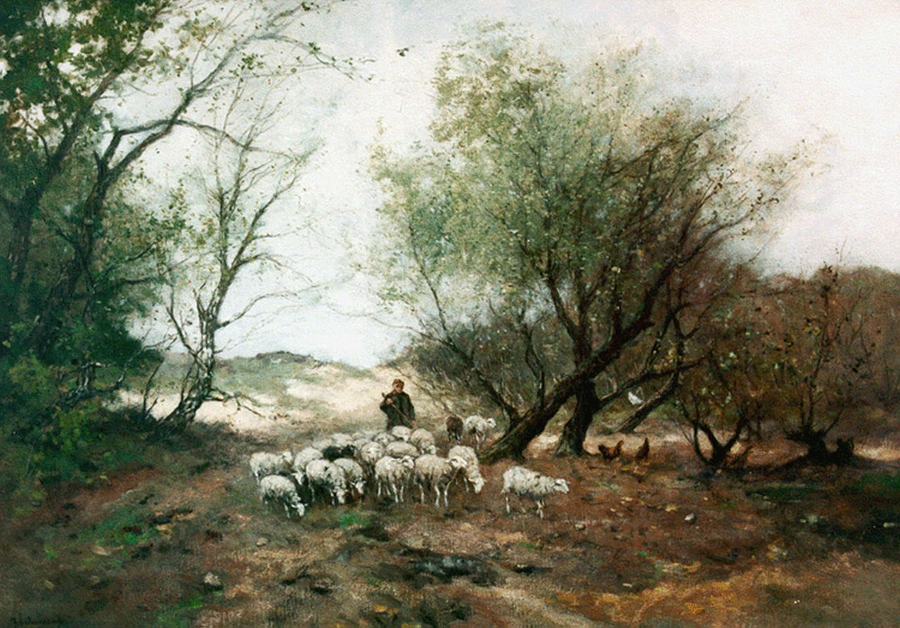 Scherrewitz J.F.C.  | Johan Frederik Cornelis Scherrewitz, Kudde schapen aan de bosrand, olieverf op doek 70,5 x 100,2 cm, gesigneerd linksonder