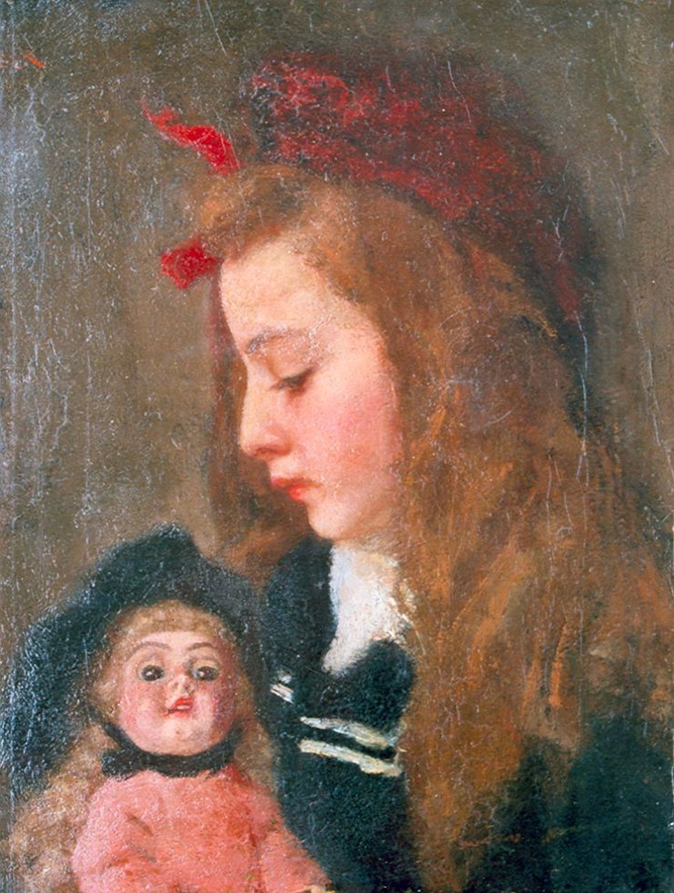 Wandscheer M.W.  | Maria Wilhelmina 'Marie' Wandscheer, Henriëtte Thueré met pop, olieverf op doek 41,4 x 31,5 cm, gesigneerd linksboven(deel van signatuur)