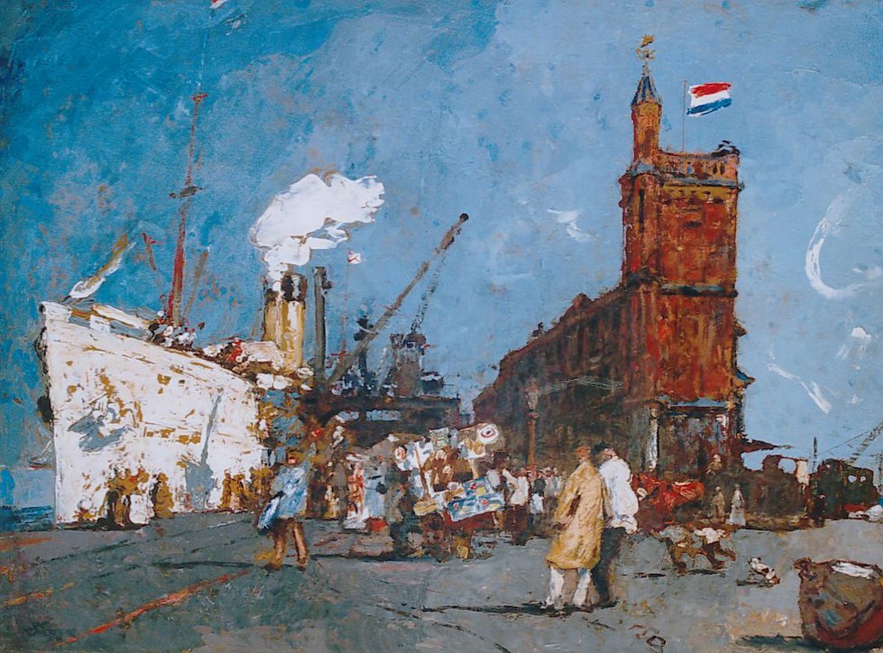 Monnickendam M.  | Martin Monnickendam, Oceaanstomer aan de kade, Amsterdam, olieverf op doek 45,6 x 60,6 cm, gesigneerd linksonder en gedateerd 1916