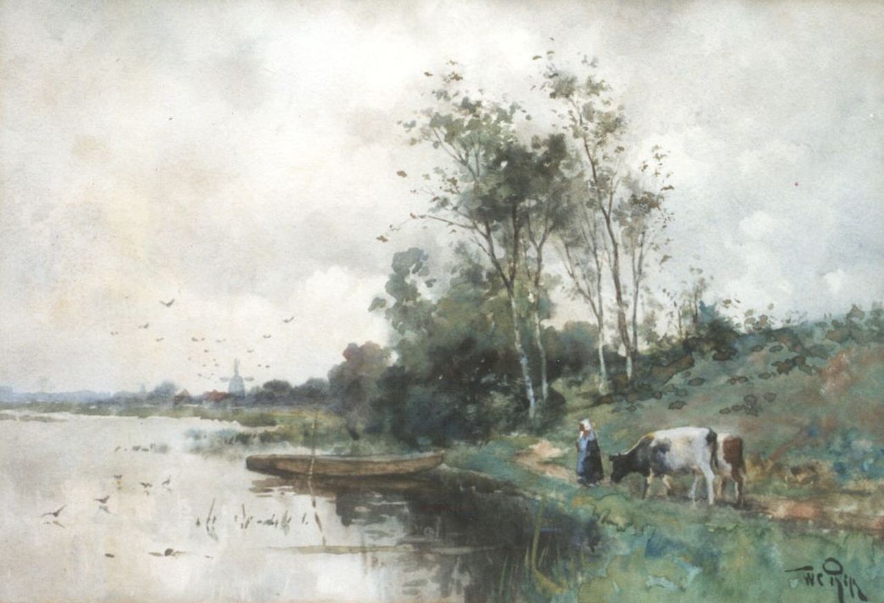 Rip W.C.  | 'Willem' Cornelis Rip, Koeienhoedster op een pad langs het water bij Bergschenhoek, aquarel op papier 23,8 x 34,5 cm, gesigneerd rechtsonder