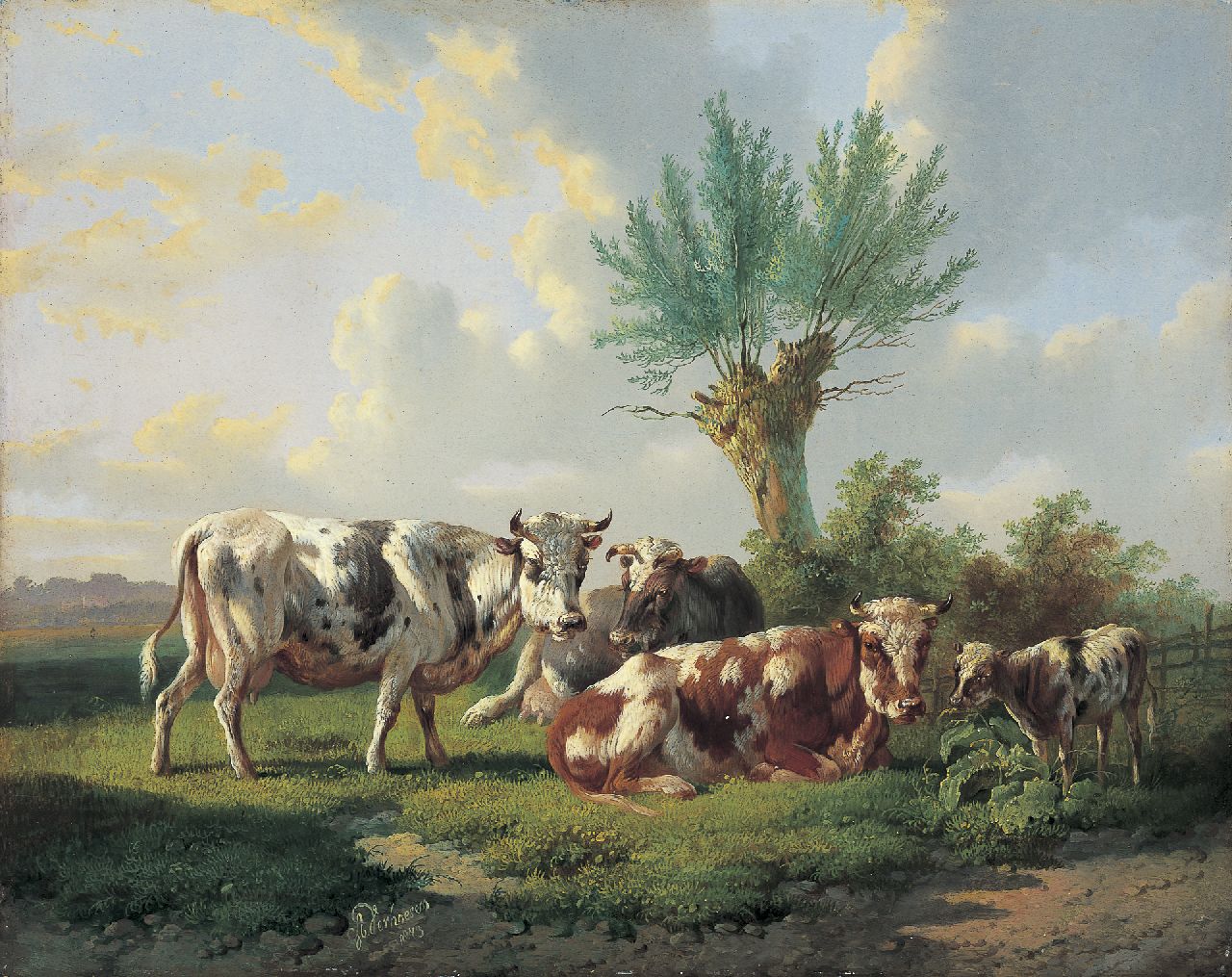 Verhoesen A.  | Albertus Verhoesen, Rustend vee in een weiland, olieverf op paneel 31,8 x 40,0 cm, gesigneerd links van het midden. en gedateerd 1873