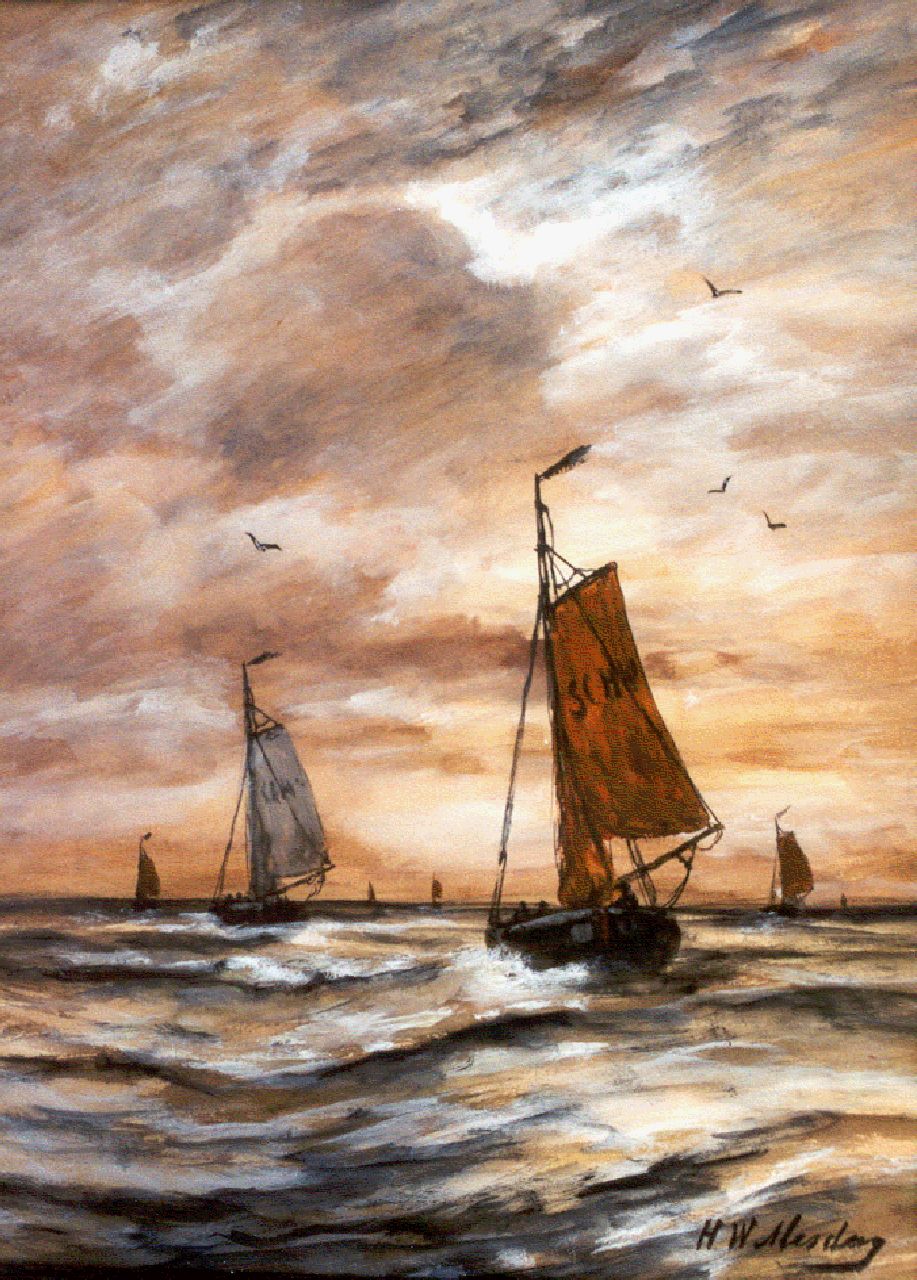 Mesdag H.W.  | Hendrik Willem Mesdag, Scheveningse bomschuiten op volle zee bij avond, aquarel op papier 40,2 x 27,7 cm, gesigneerd rechtsonder