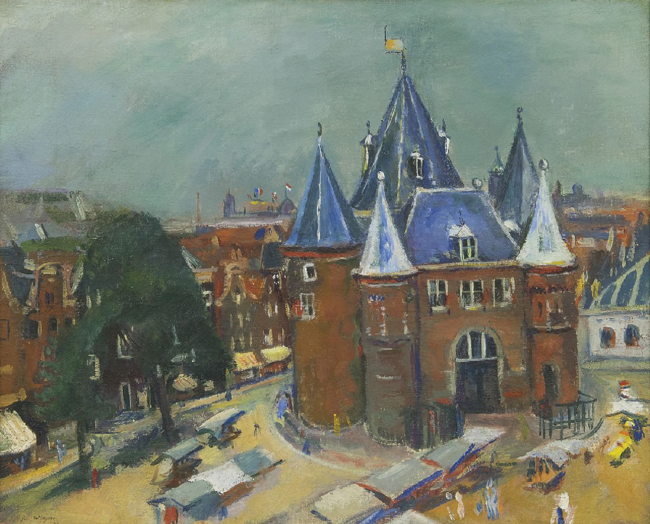 Wiegers J.  | Jan Wiegers, Nieuwmarkt met de Waag, Amsterdam, olieverf op doek 45,3 x 55,3 cm, gesigneerd linksonder en gedateerd '35
