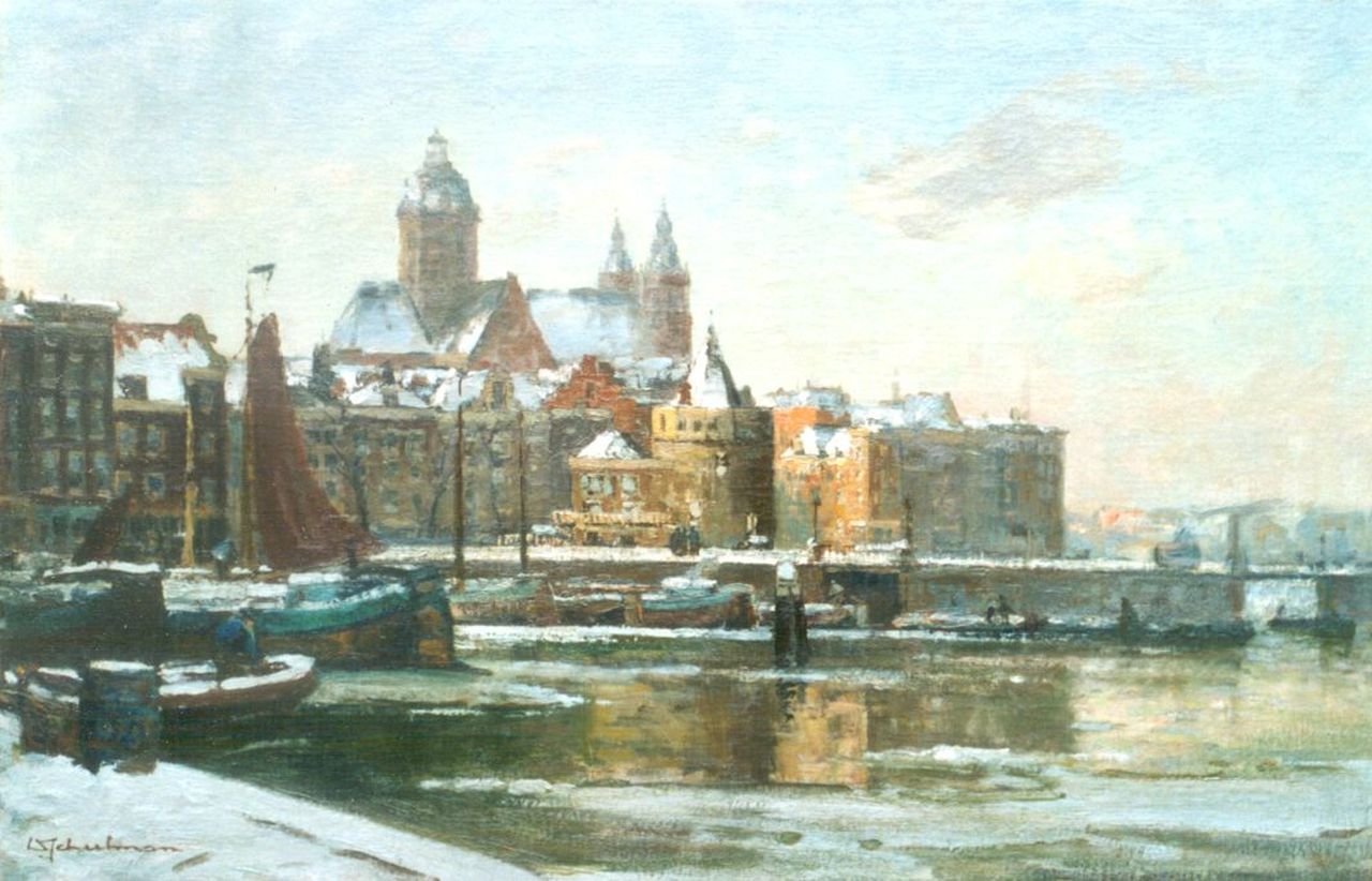 Schulman D.  | David Schulman, Winter in Amsterdam: de Gelderse kade met de St. Nicolaaskerk op de achtergrond, olieverf op doek 47,5 x 73,0 cm, gesigneerd linksonder