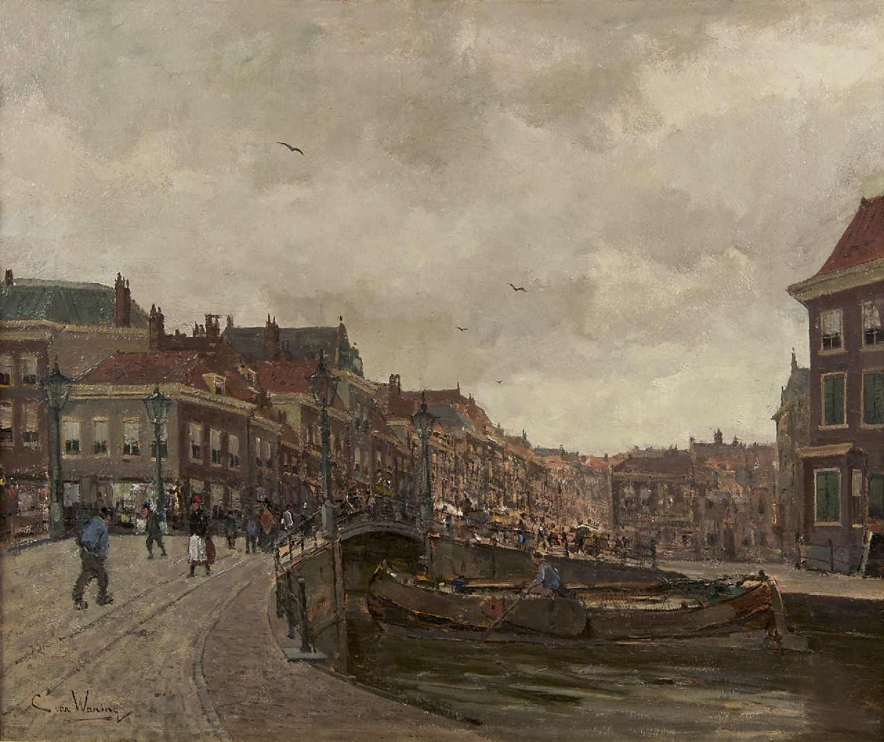 Waning C.A. van | Cornelis Anthonij 'Kees' van Waning | Schilderijen te koop aangeboden | Gezicht op de Wagenbrug en de Wagenstraat, Den Haag, olieverf op doek 51,2 x 61,3 cm, gesigneerd linksonder