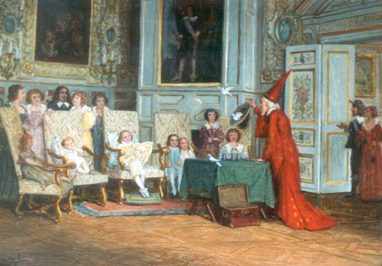 Bettinger G.P.M.  | 'Gustave' Paul Marie Bettinger, Een goochelaar optredend voor de Franse Dauphin in Fontainebleau, olieverf op schilderskarton 23,9 x 32,8 cm, gesigneerd linksonder met initialen
