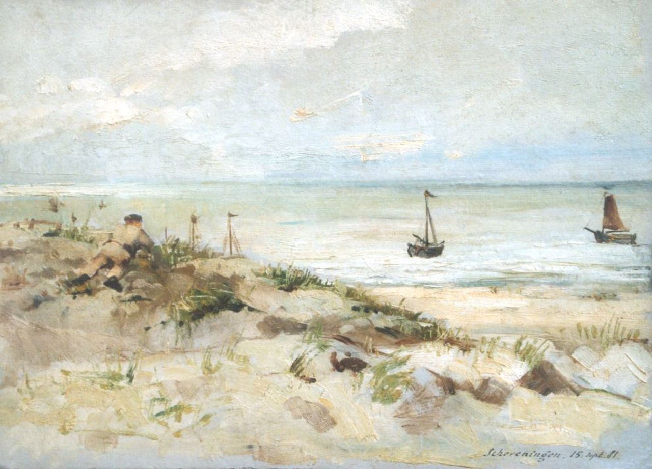 Bettinger G.P.M. | 'Gustave' Paul Marie Bettinger, Jongen op een duintop, Scheveningen, olieverf op schilderskarton 23,9 x 32,7 cm, gedateerd 'Scheveningen 15 sept. 81' Bettinger G.P.M. | 'Gustave' Paul Marie Bettinger, Jongen op een duintop, Scheveningen, olieverf op schilderskarton 23,9 x 32,7 cm, gedateerd 'Scheveningen 15 sept. 81'