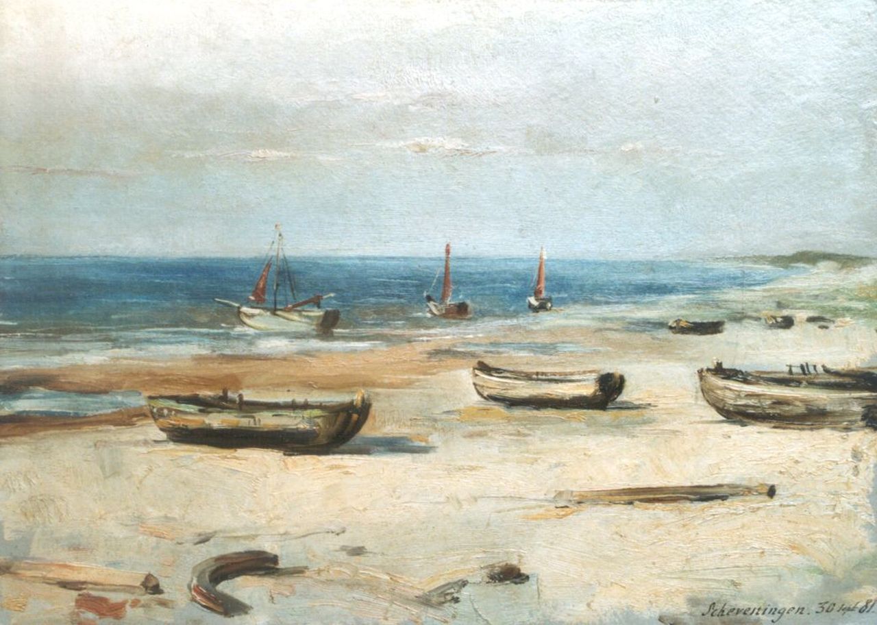 Bettinger G.P.M.  | 'Gustave' Paul Marie Bettinger, Bommen op het strand van Scheveningen, olieverf op schilderskarton 23,8 x 32,7 cm, gedateerd 'Scheveningen 30 sept 81'.