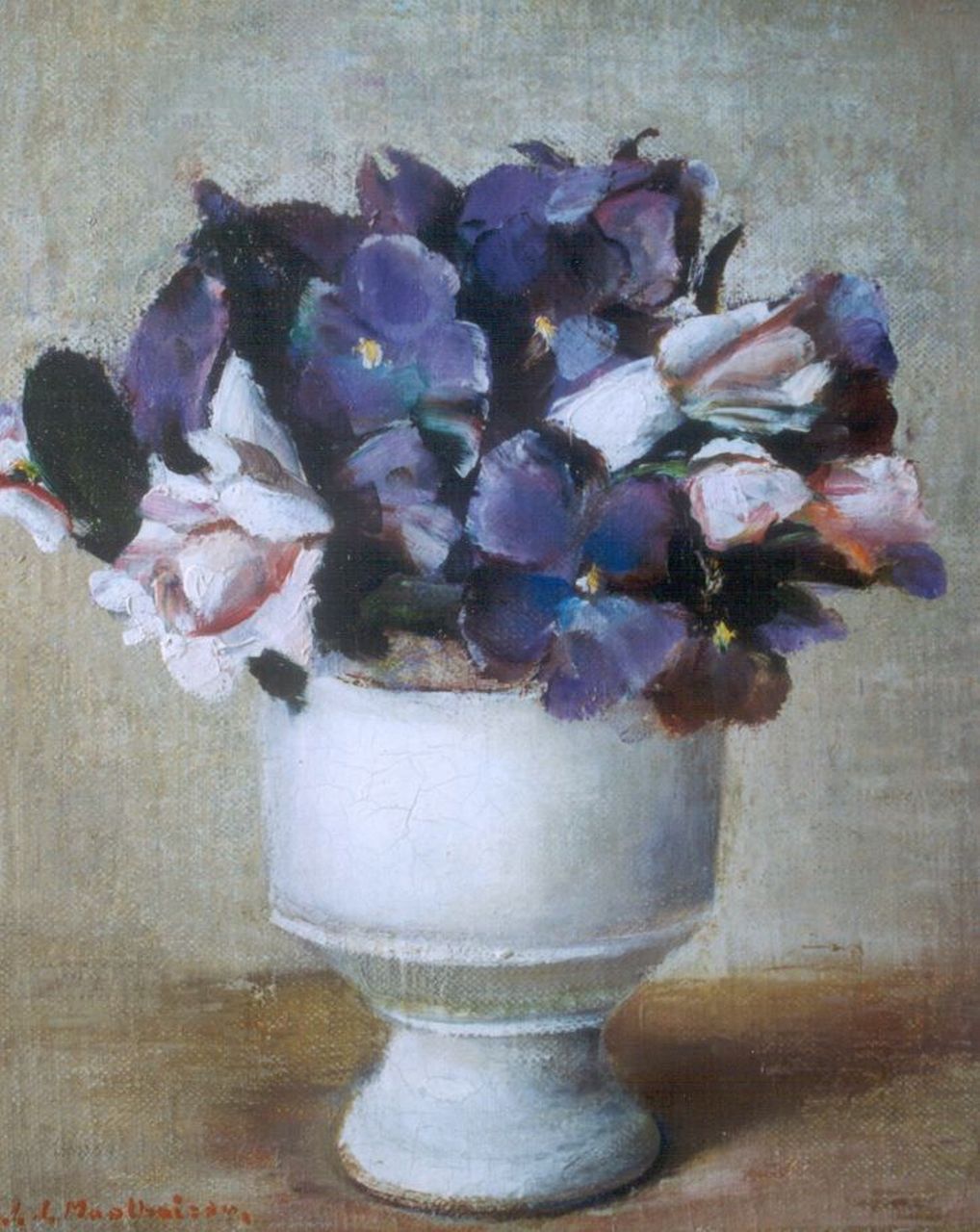 Moolhuizen J.J.  | Jan Jurriën Moolhuizen, Bloemstilleven met viooltjes en rozen, olieverf op doek op paneel 29,0 x 23,6 cm, gesigneerd linksonder