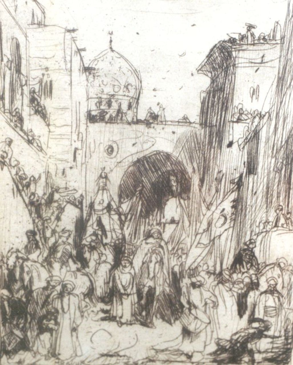 Bauer M.A.J.  | 'Marius' Alexander Jacques Bauer, Een bruiloft in Cairo, ets op papier 12,0 x 9,5 cm, gesigneerd rechtsonder met initialen en linksonder in de plaat