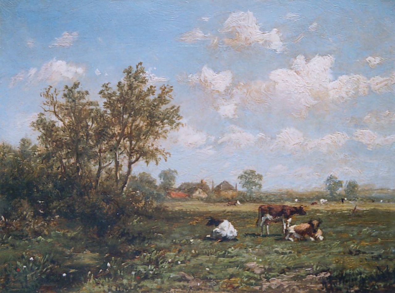 Wijngaerdt A.J. van | Anthonie Jacobus van Wijngaerdt, Koeien in zomers landschap, olieverf op paneel 11,4 x 15,4 cm, gesigneerd rechtsonder