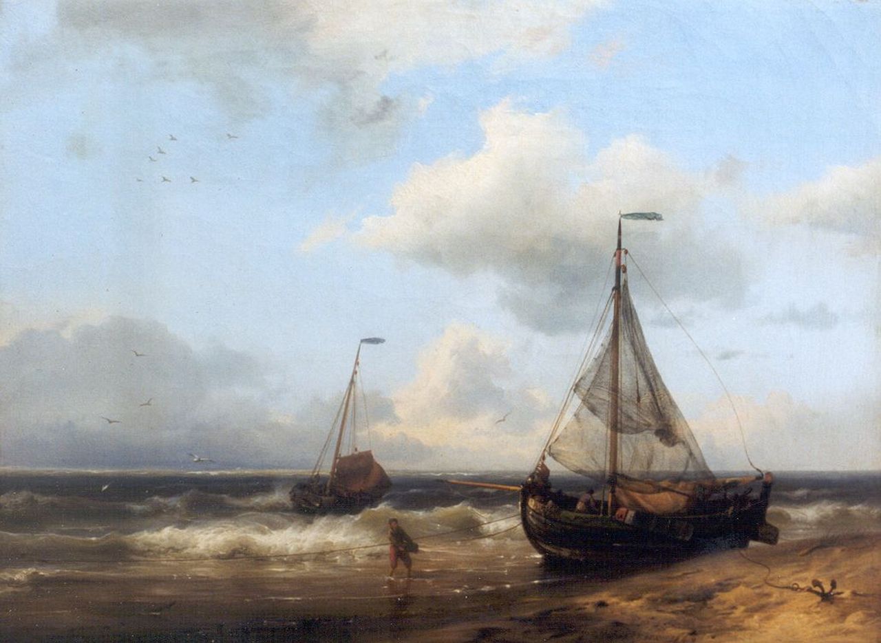 Koekkoek H.  | Hermanus Koekkoek, Kustlandschap met twee vissersschepen, olieverf op doek 24,0 x 32,4 cm, gesigneerd rechtsonder en gedateerd 1849