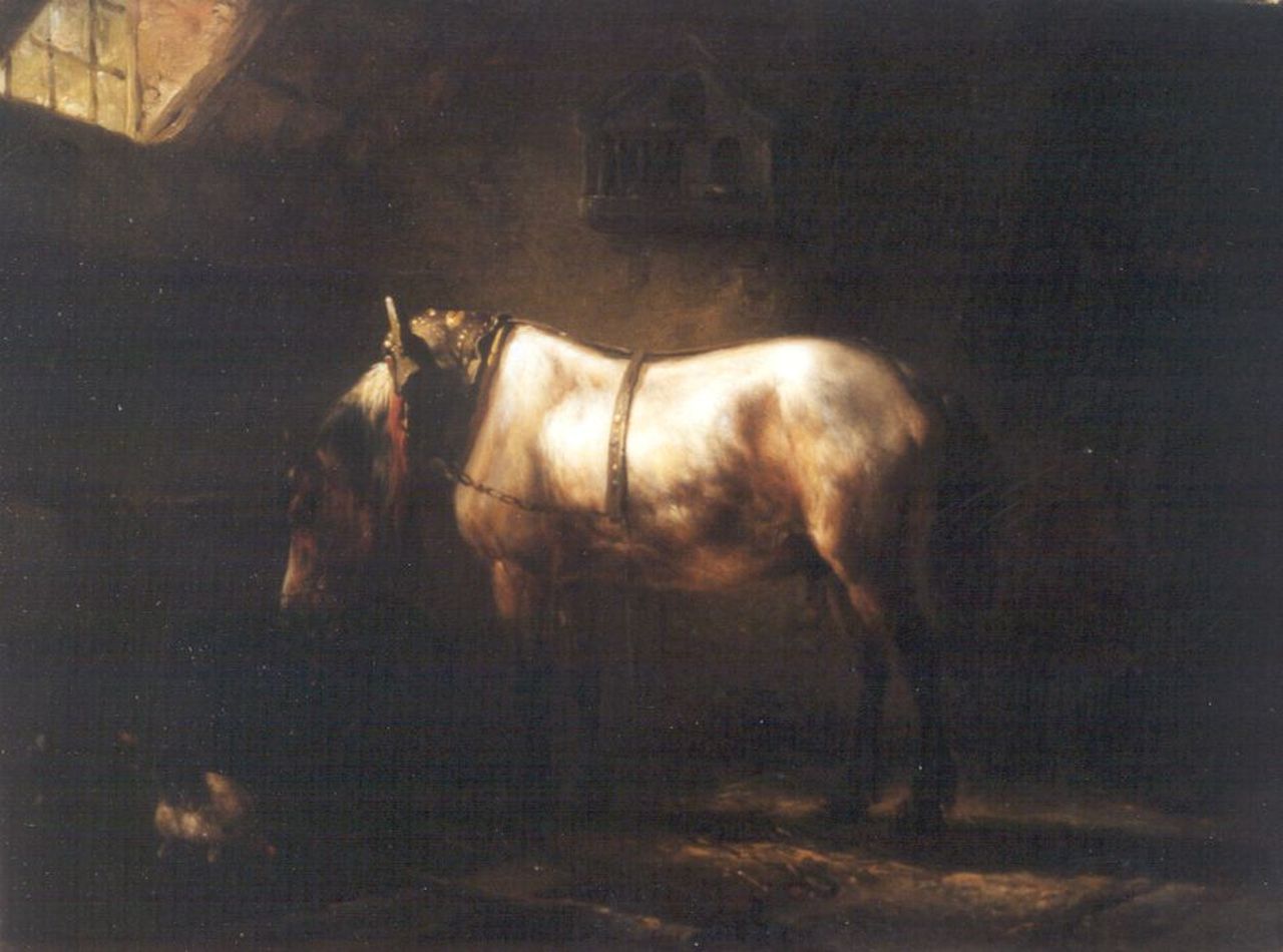 Verschuur W.  | Wouterus Verschuur, In de stal, olieverf op paneel 16,2 x 21,6 cm, gesigneerd l. v/h m. en gedateerd 1847