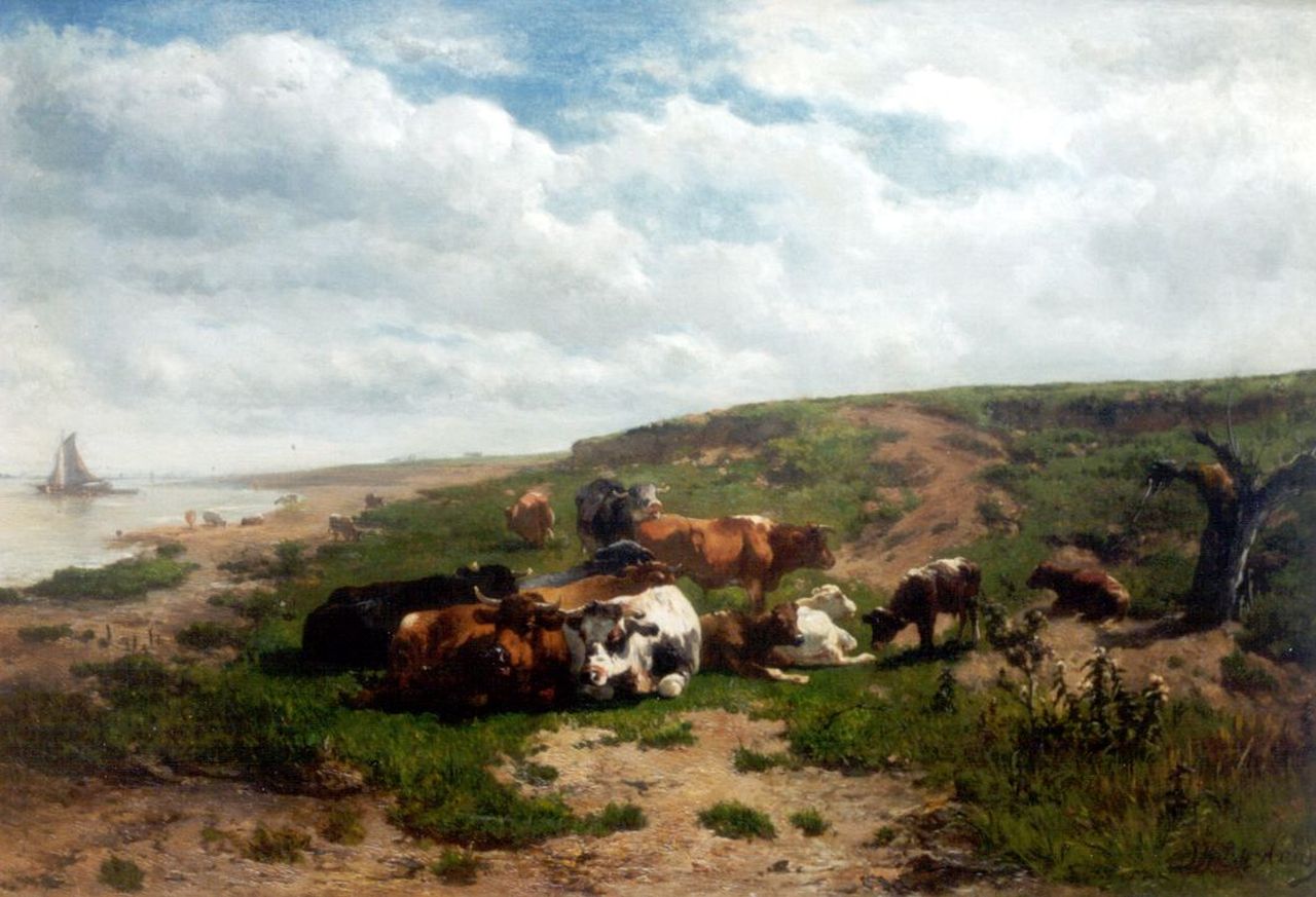 Haas J.H.L. de | Johannes Hubertus Leonardus de Haas, Rivierlandschap met koeien, olieverf op doek 48,7 x 71,0 cm, gesigneerd rechtsonder