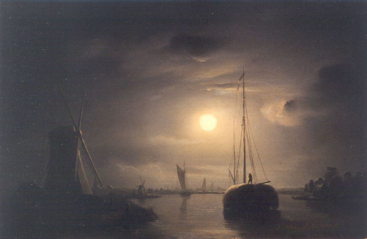 Schendel P. van | Petrus van Schendel, Rivier met hooischip bij maanlicht, olieverf op paneel 19,3 x 27,2 cm, gesigneerd rechtsonder