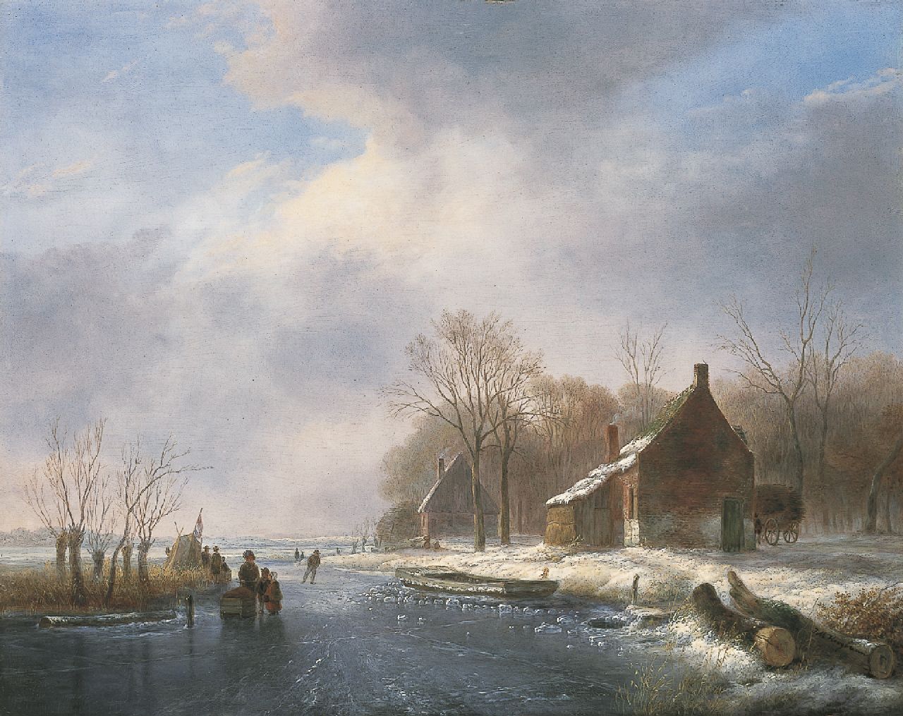 Hoogbruin J.M.  | Johannes Matthijs Hoogbruin, IJsgezicht met schaatsers bij boerenwoningen, olieverf op paneel 45,1 x 57,3 cm, gesigneerd rechtsonder op boomstam