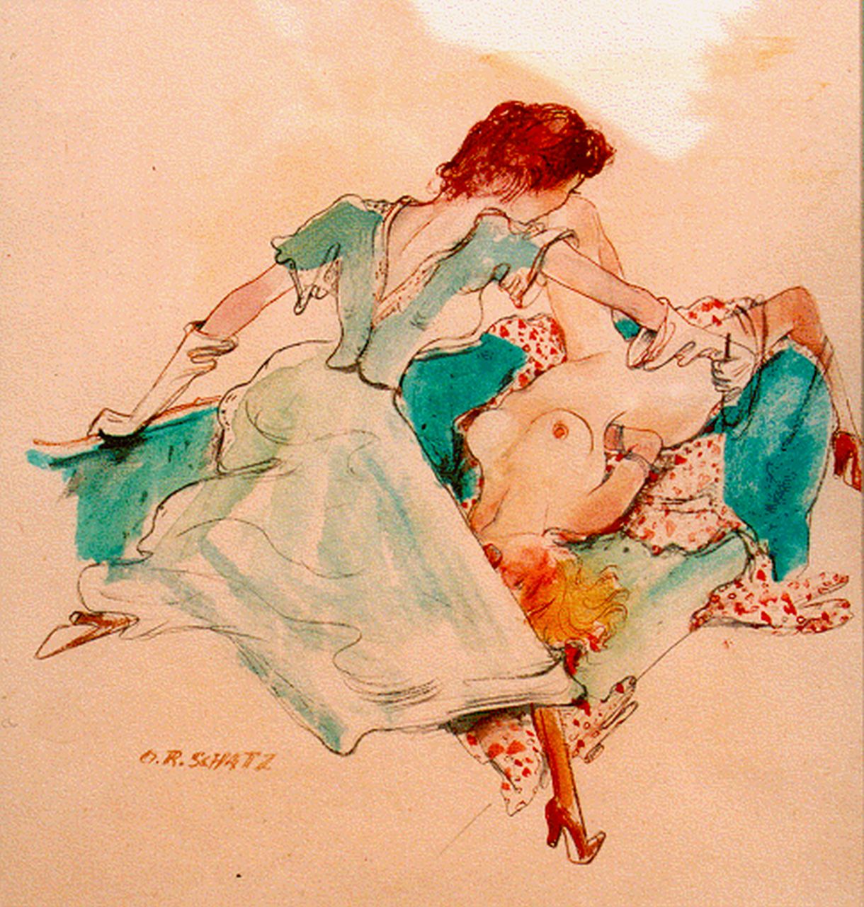 Schatz O.R.  | Otto Rudolf Schatz, Erotische scene, aquarel op papier 29,0 x 27,0 cm, gesigneerd rechtsonder