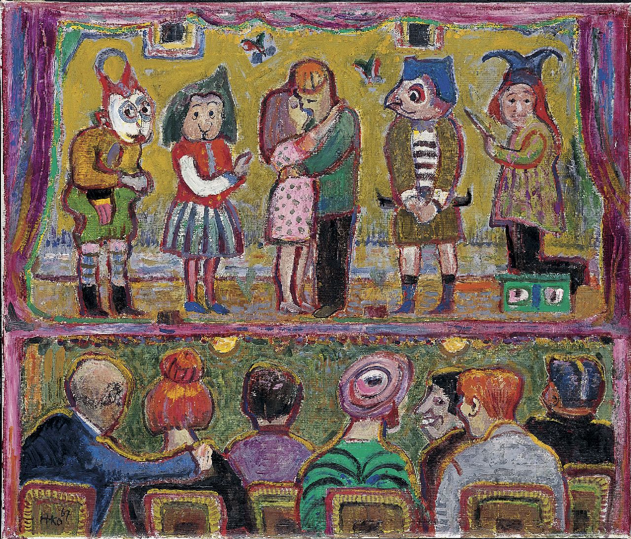 Kamerlingh Onnes H.H.  | 'Harm' Henrick Kamerlingh Onnes, De toneelvoorstelling, olieverf op doek 46,4 x 54,3 cm, gesigneerd linksonder met monogram en gedateerd '67