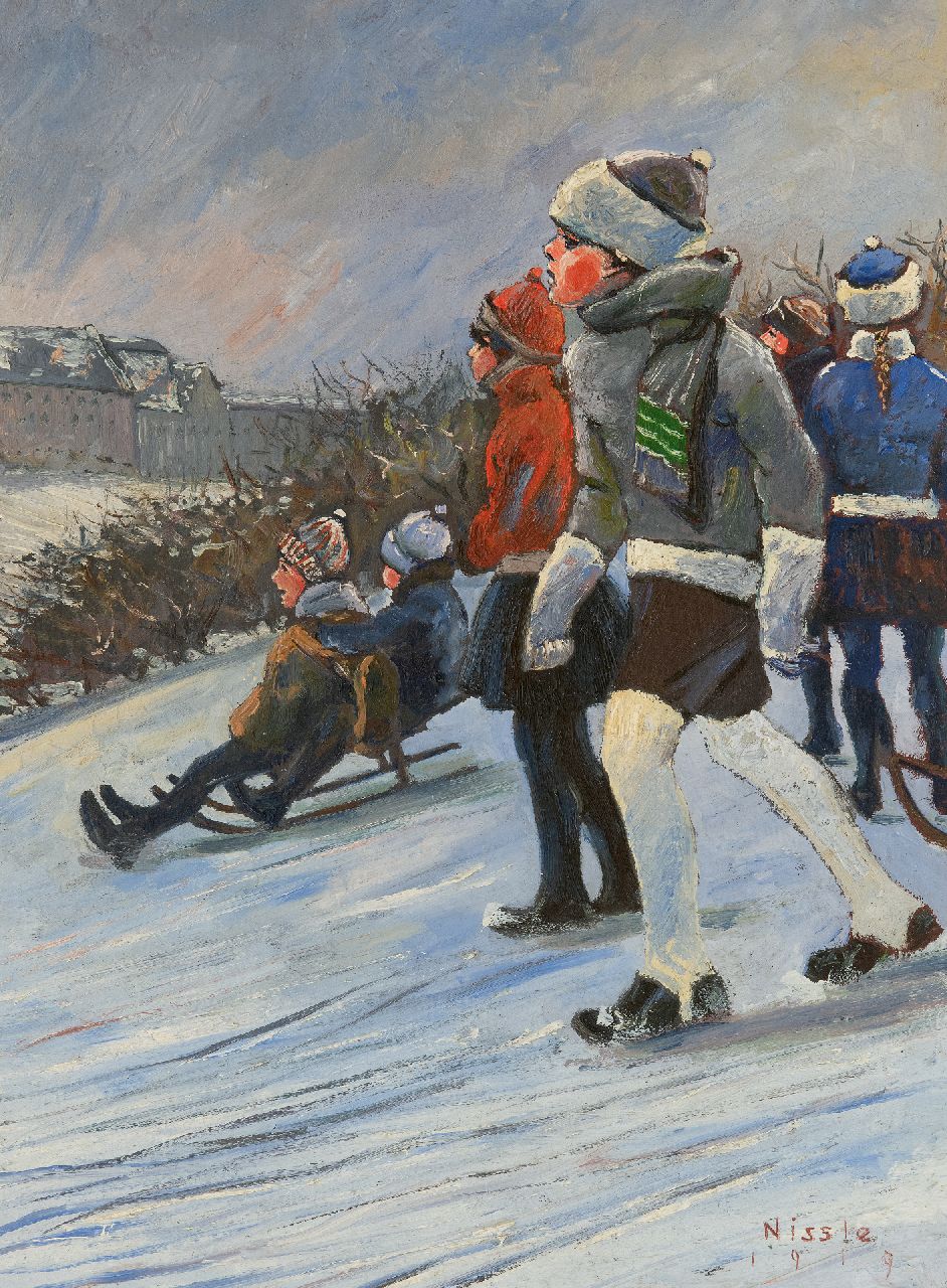 Nissle F.  | Fritz Nissle | Schilderijen te koop aangeboden | Sleeënde kinderen op een helling, olieverf op schilderskarton 41,6 x 31,2 cm, gesigneerd rechtsonder en gedateerd 1919