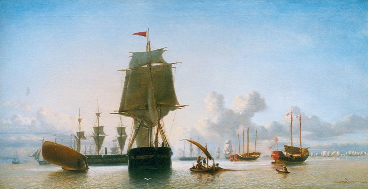 Heemskerck van Beest J.E. van | Jacob Eduard van Heemskerck van Beest, Zeilschepen op de rede van Batavia, olieverf op doek 56,3 x 107,8 cm, gesigneerd rechtsonder