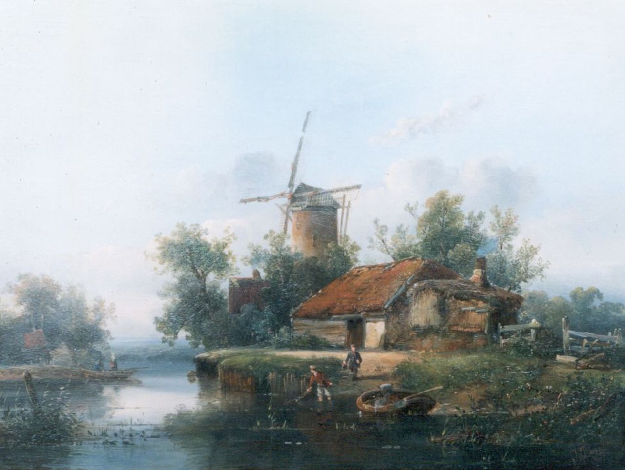 Dona A.F.  | Antonie Franciscus Dona, Riviergezichtje met boerderij en molen, olieverf op paneel 31,3 x 42,0 cm, gesigneerd rechtsonder en gedateerd 1852