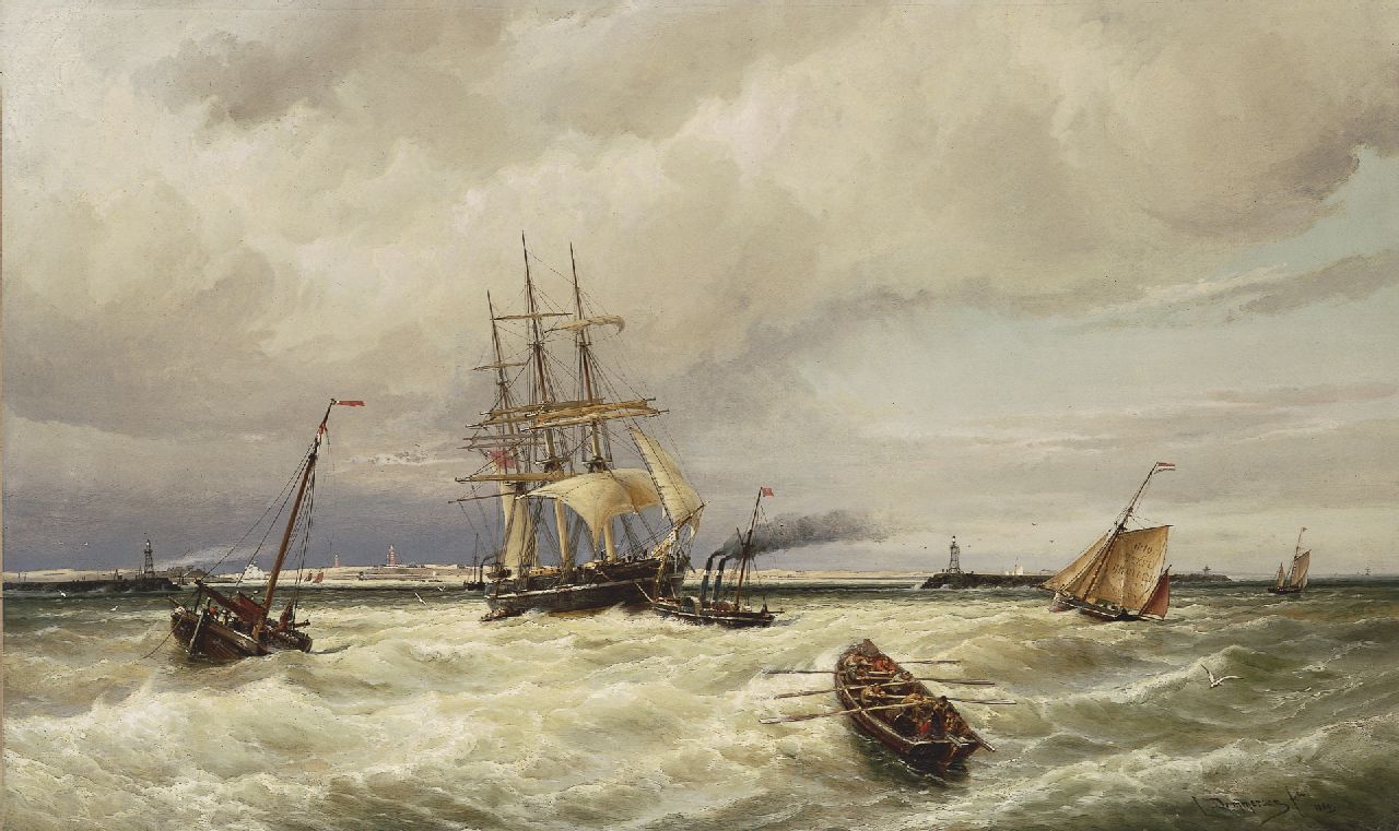 Dommelshuizen C.C.  | Cornelis Christiaan Dommelshuizen, Schepen bij de haveningang van IJmuiden, olieverf op doek 76,9 x 127,0 cm, gesigneerd rechtsonder en gedateerd 1880