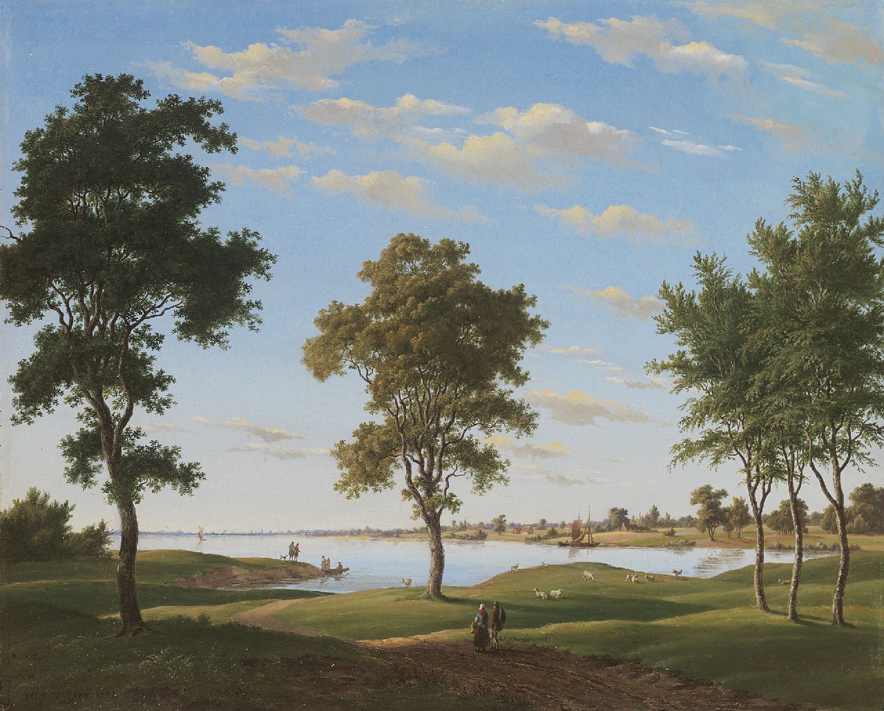 Kitzinger M.L.  | Maximiliaan Leonard Kitzinger, Idyllisch rivierlandschap, olieverf op paneel 34,0 x 41,7 cm, gesigneerd linksonder