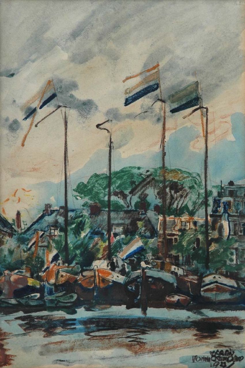 Monnickendam M.  | Martin Monnickendam, Vlaggen op de Amstel, aquarel op papier 38,0 x 26,5 cm, gesigneerd rechtsonder en gedateerd 1923