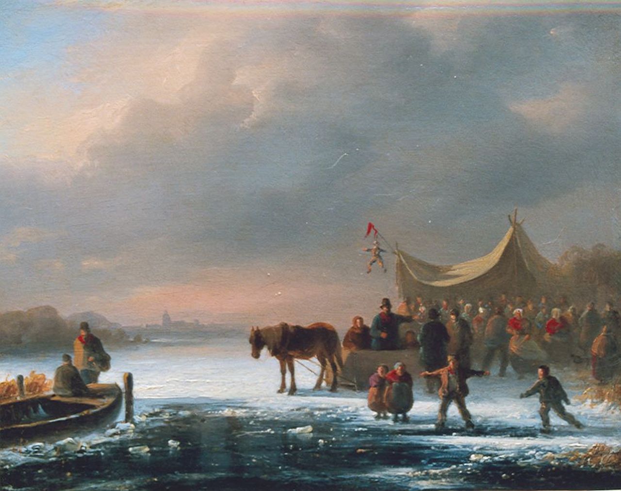 Kimmel C.  | Cornelis Kimmel, Schaatsvolk bij een koek-en-zopie, olieverf op paneel 20,2 x 25,3 cm