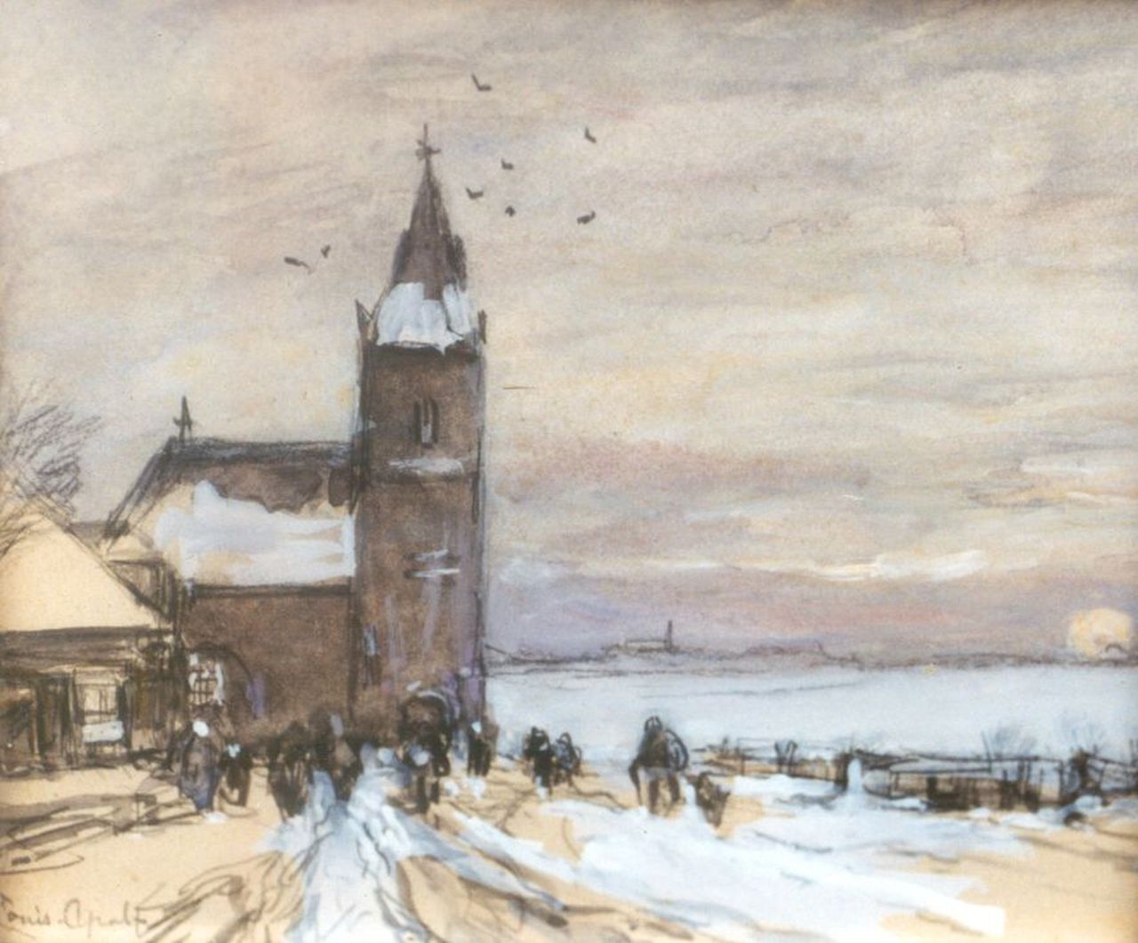 Apol L.F.H.  | Lodewijk Franciscus Hendrik 'Louis' Apol, Kerkgang in de sneeuw, aquarel op papier 13,1 x 15,2 cm, gesigneerd linksonder