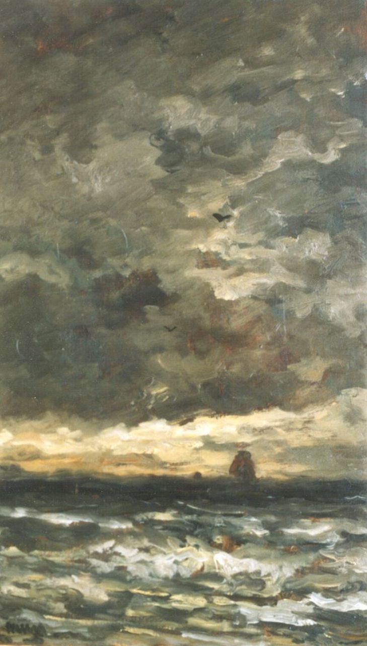 Mesdag H.W.  | Hendrik Willem Mesdag, Zee bij avondlicht, olieverf op paneel 55,3 x 32,4 cm, gesigneerd linksonder met initialen