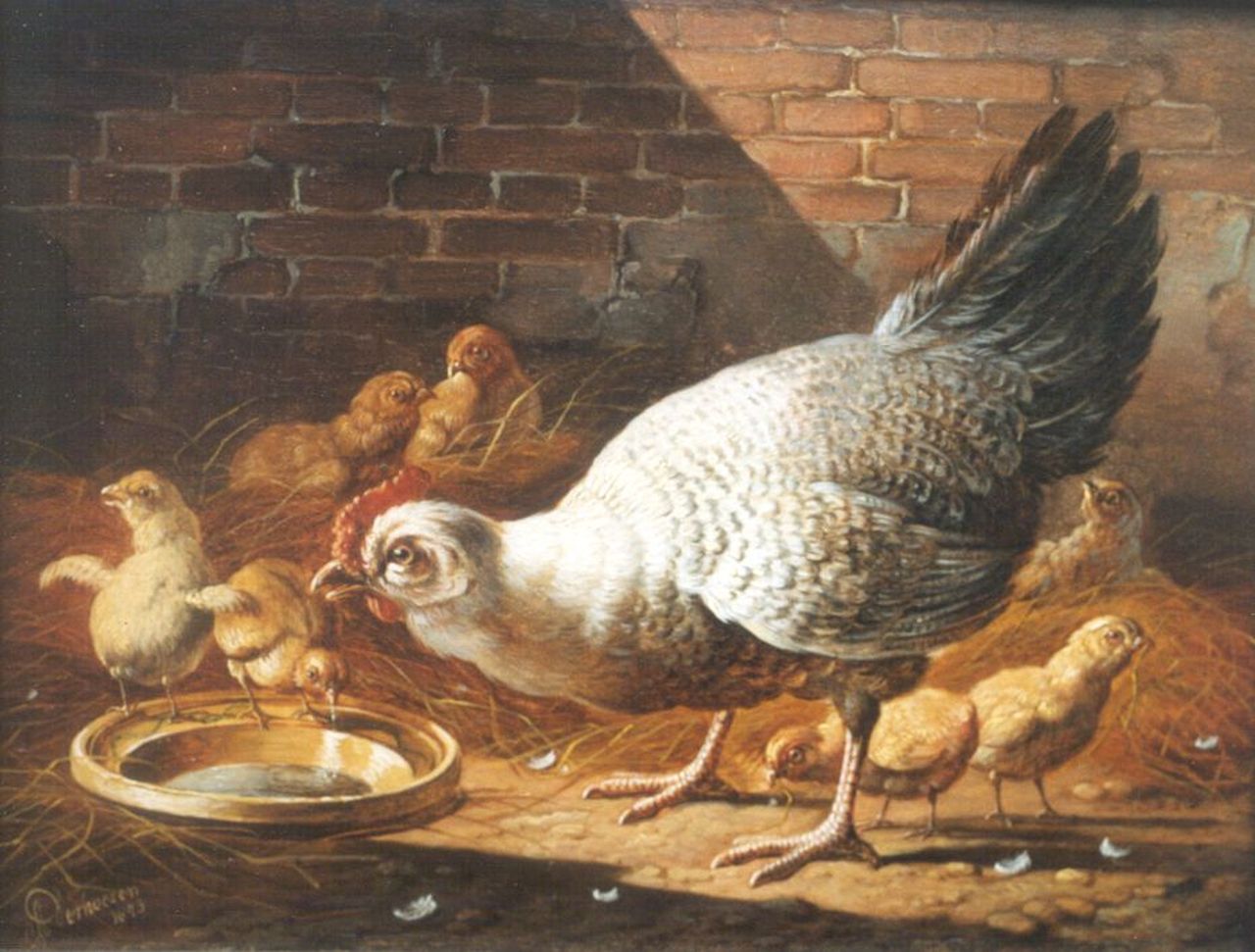 Verhoesen A.  | Albertus Verhoesen, Kip en kuikens, olieverf op paneel 17,5 x 24,5 cm, gesigneerd linksonder en gedateerd 1873