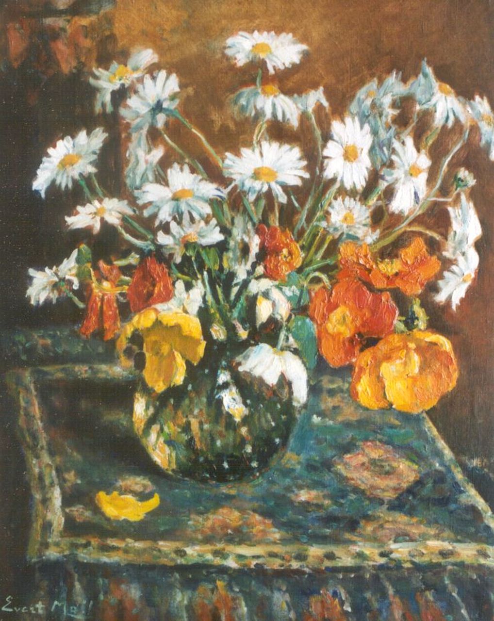 Moll E.  | Evert Moll, Margrieten en tulpen, olieverf op doek 70,0 x 59,8 cm, gesigneerd linksonder