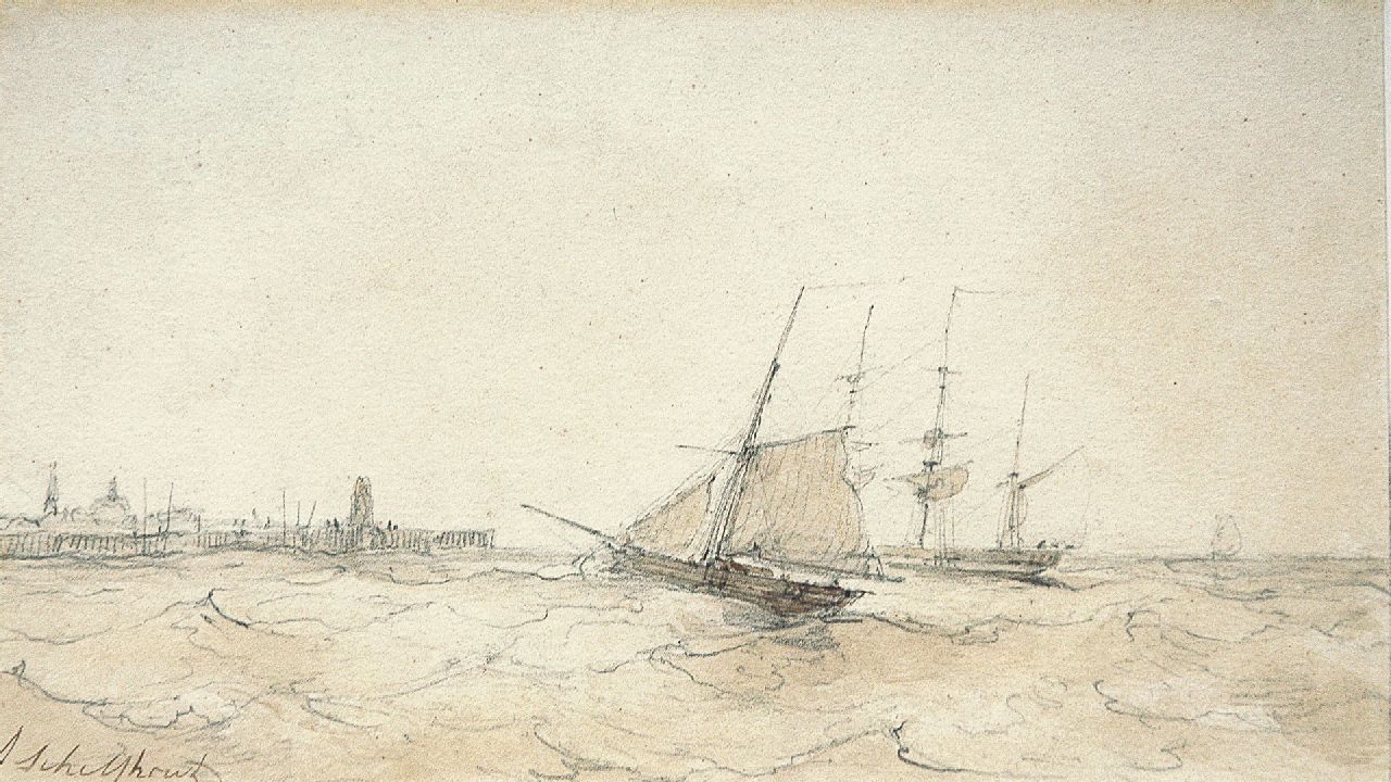 Schelfhout A.  | Andreas Schelfhout, Schepen bij een havenhoofd, potlood, pen en sepia op papier 13,5 x 22,5 cm, gesigneerd linksonder