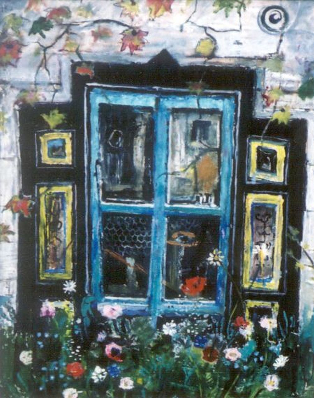 Kamerlingh Onnes H.H.  | 'Harm' Henrick Kamerlingh Onnes, Kijkje op venster vanuit een tuin, olieverf op doek 58,0 x 45,0 cm, gesigneerd linksonder en gedateerd '70