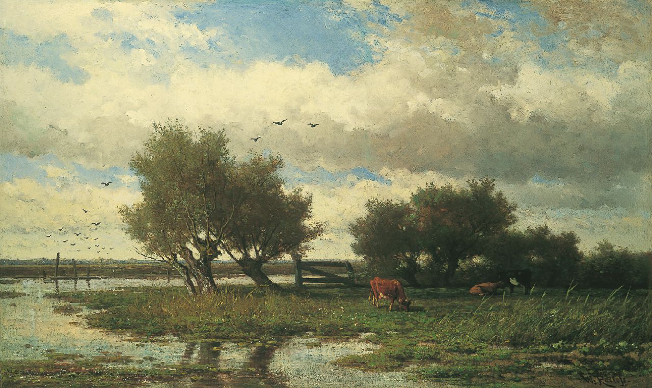 Roelofs W.  | Willem Roelofs, Polderlandschap met knotwilgen en vee, olieverf op doek 84,0 x 139,0 cm, gesigneerd rechtsonder en te dateren ca. 1860