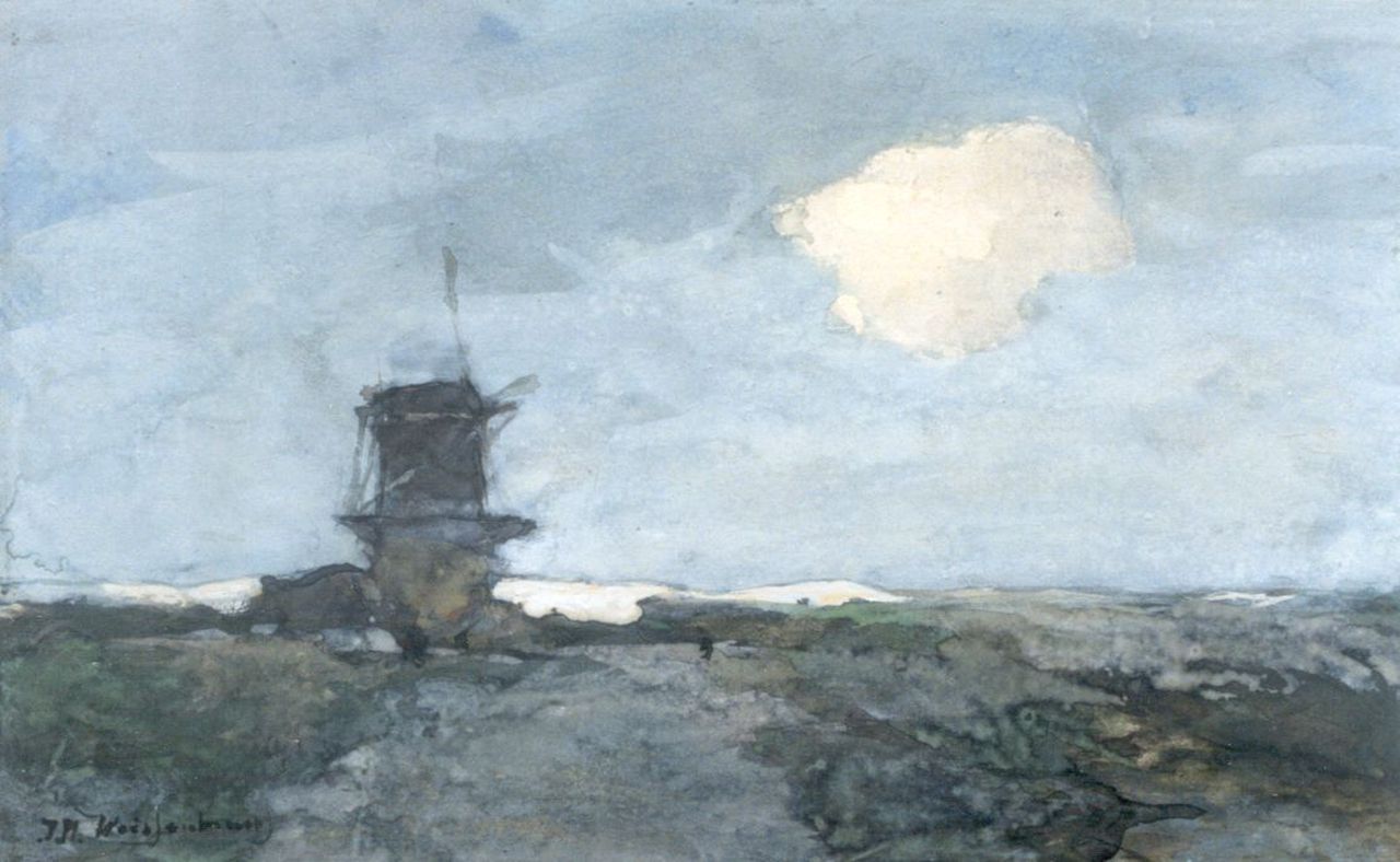 Weissenbruch H.J.  | Hendrik Johannes 'J.H.' Weissenbruch, Molen in weids landschap, aquarel op papier 22,2 x 36,3 cm, gesigneerd linksonder